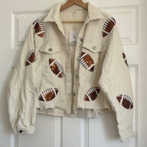 Cream Corduroy Jacket with Football Sequin Patches nwt